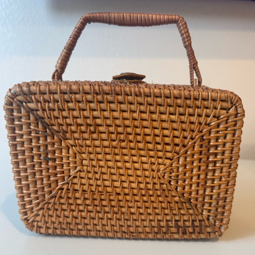 Vintage Style Woven Rattan Box Handbag in Brown w/Detachable Leather Strap - Picture 4 of 9